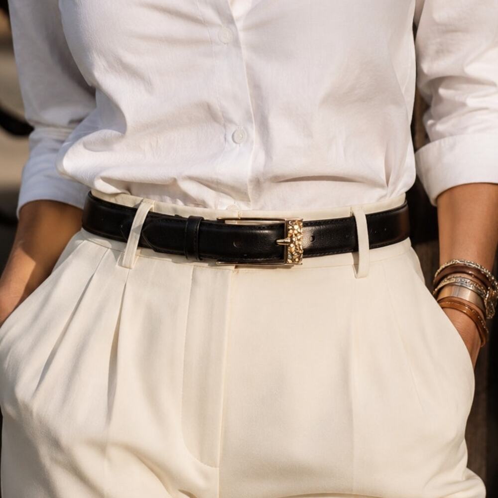 Fina Firenze Italian Leather Jeweled Buckle Belt Black Small
